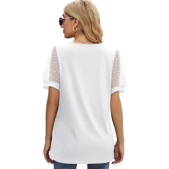 Womens Summer Tops V Neck T Shirts Swiss Dot Puff Sleeve Tops Loose - Picture 4 of 5